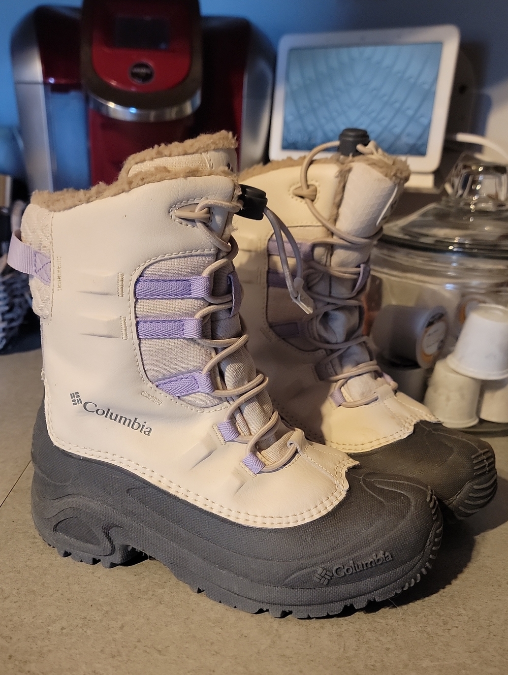 Columbia Kids Beige and Gray Winter Boots with Lavender Accents
